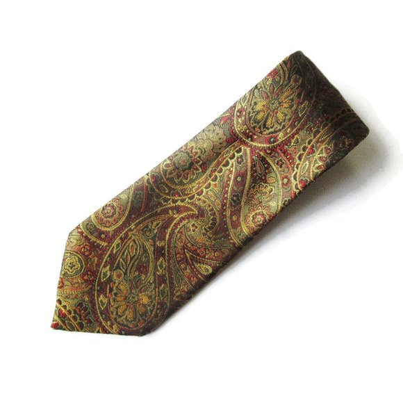 Paisley Men's Tie Mid Century Gold Brown Red Woven Brocade Effect 1970s Look - Picture 2 of 5